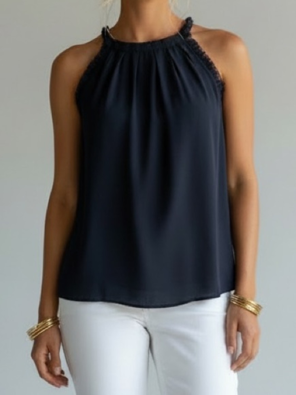 Banana Republic Navy Silk Pleated Sleeveless Halter Top